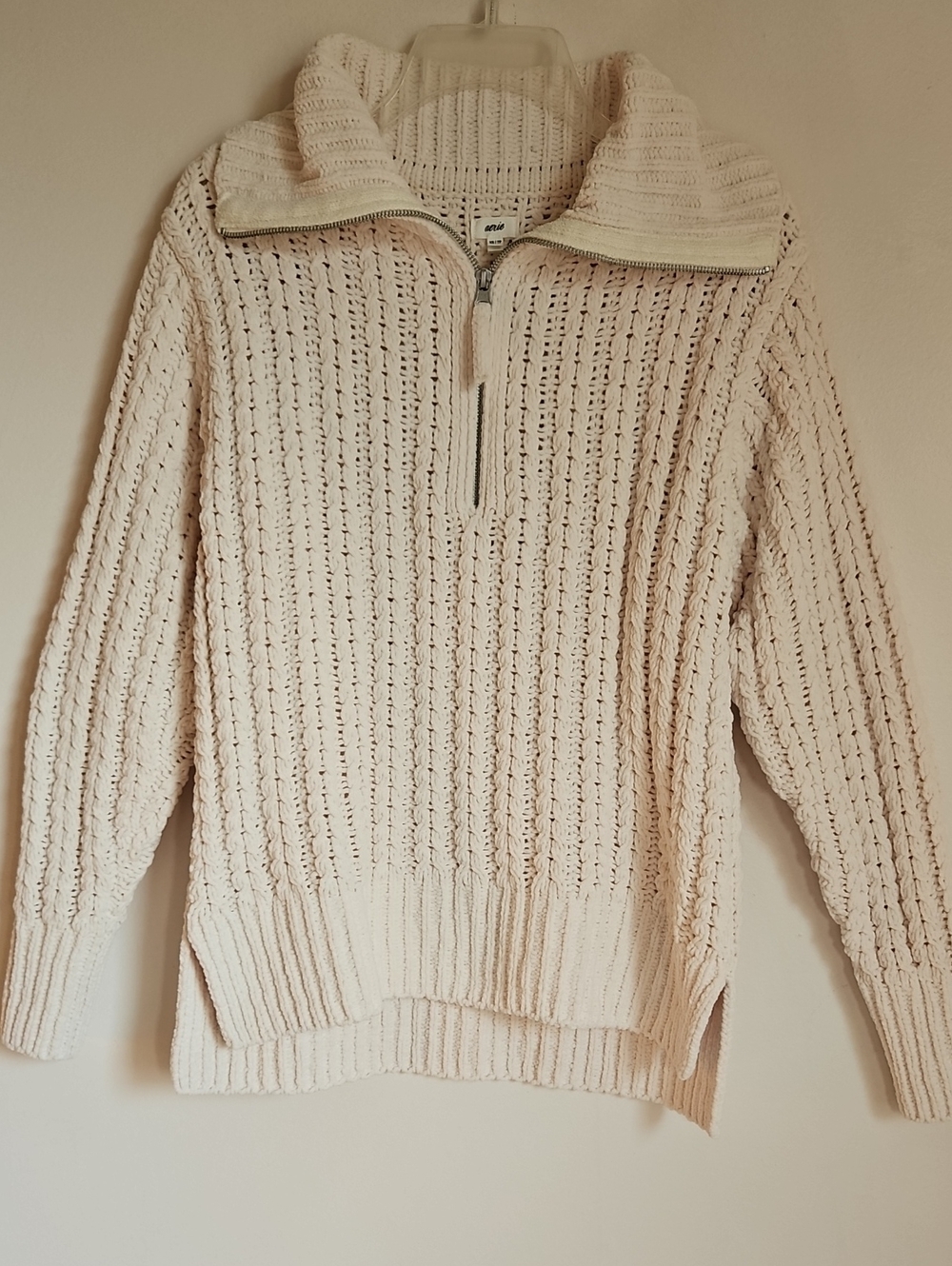 Aerie Cable Car Quarter Zip Sweater Top Chenille Chunky Cream XS Oversize Fit
